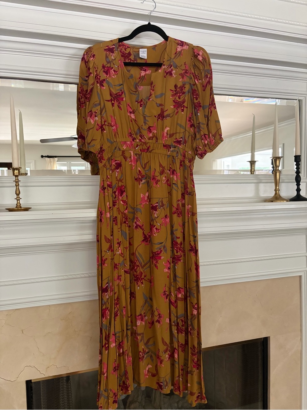 Melrose and Market Mustard Floral Midi Dress with Pink Bloom Print size M